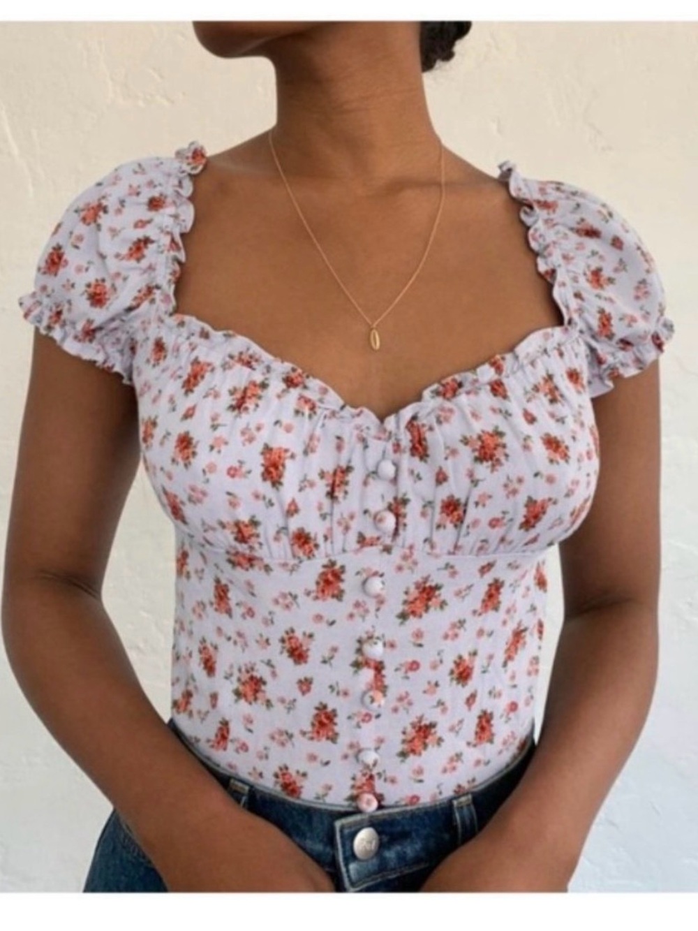 Reformation Light Blue Floral Puff-Sleeve Crop Top